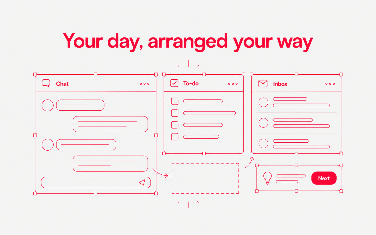 Resizable chat, to-do and inbox widgets form a configurable home dashboard.