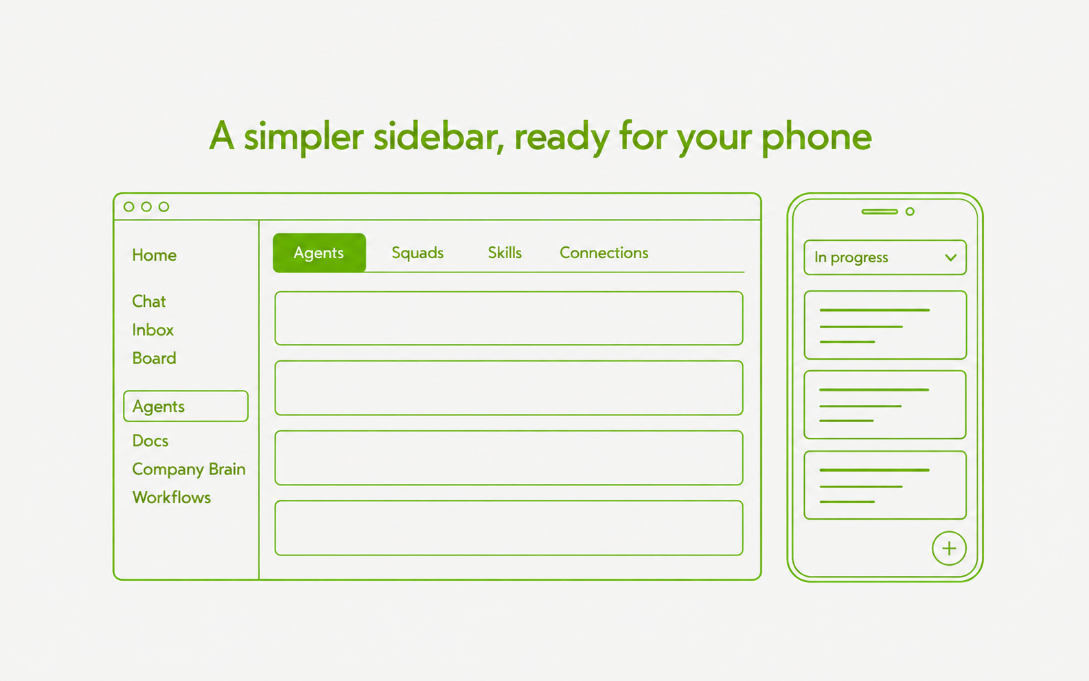 A desktop window with a flat sidebar and a row of page tabs, next to a phone that shows one Board column.