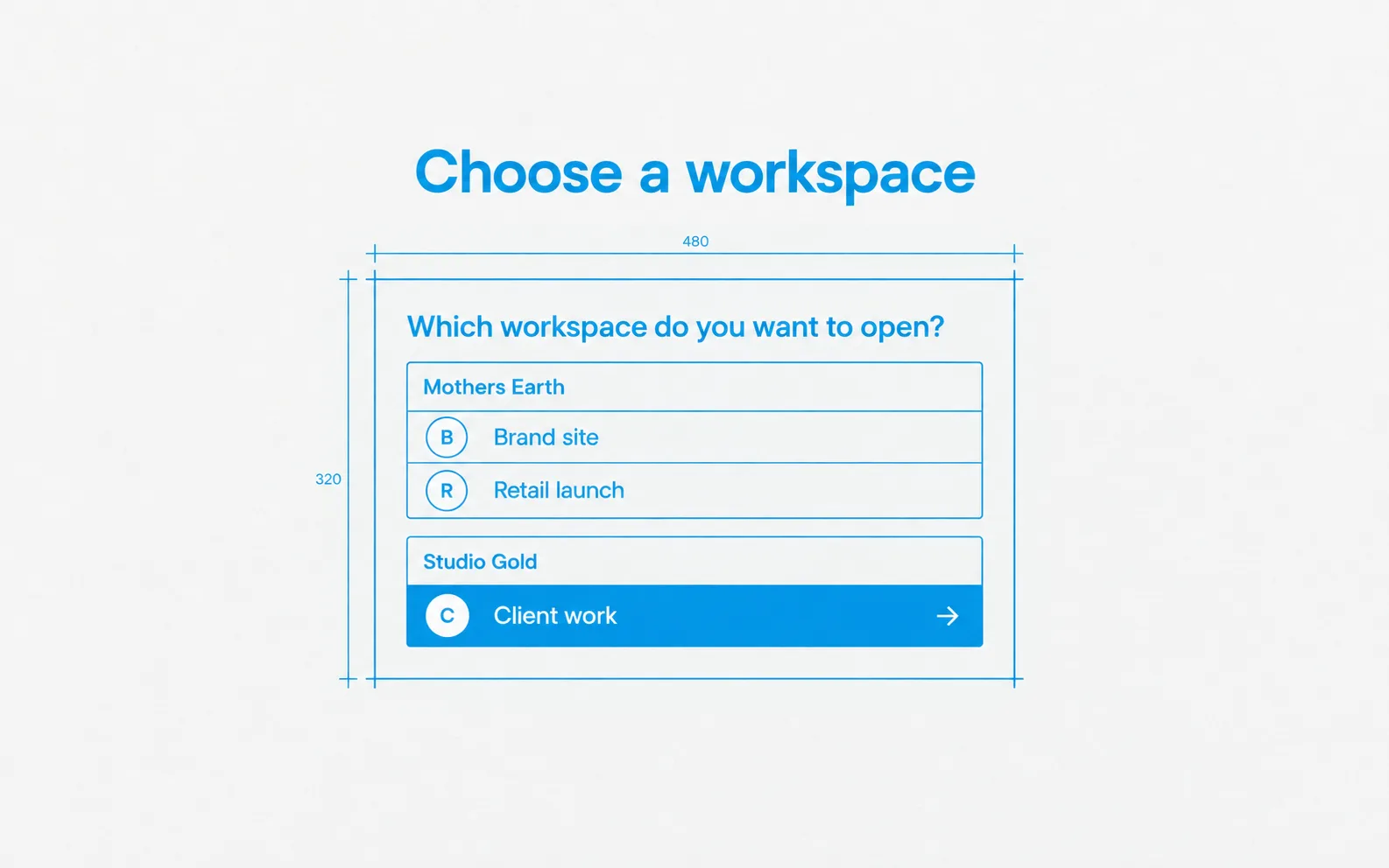 The workspace chooser listing projects grouped by organization.
