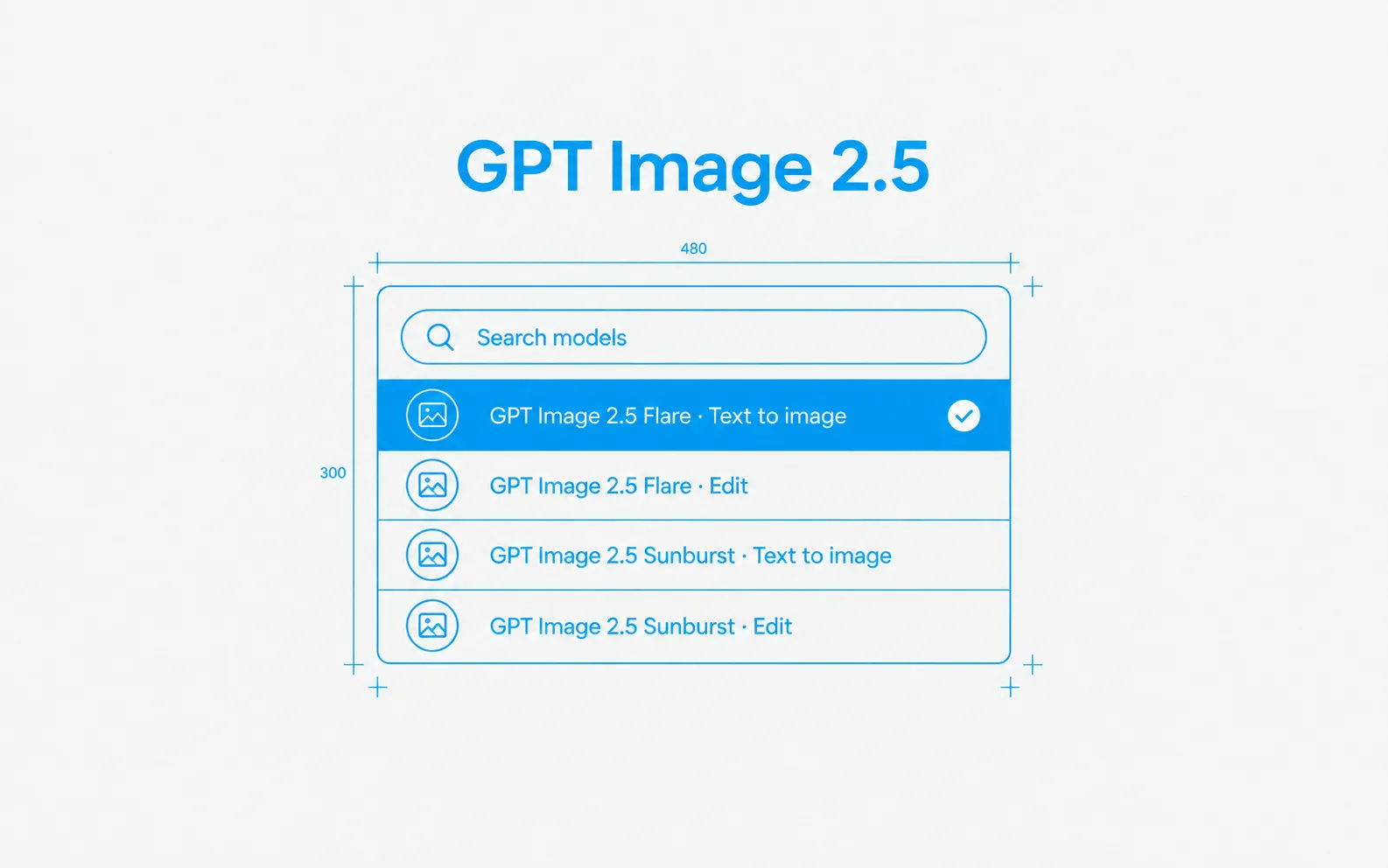 The model picker listing the GPT Image 2.5 Flare and Sunburst variants for text to image and edit.