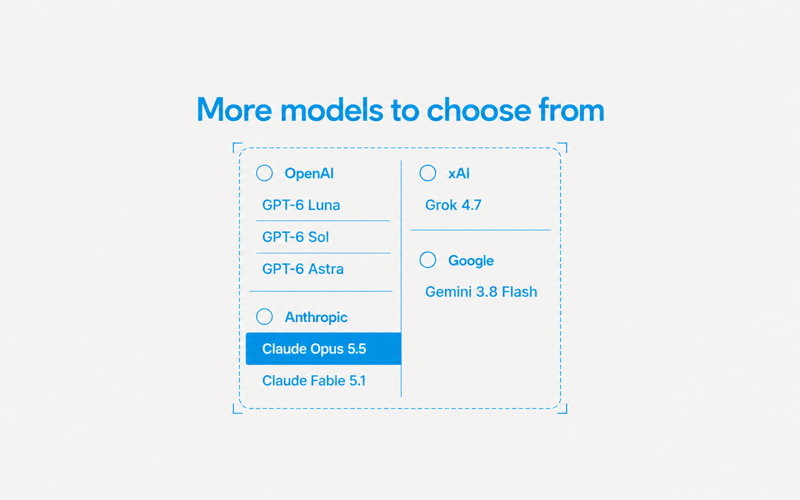 An open model picker with OpenAI, Anthropic, xAI, and Google models grouped under their provider names.