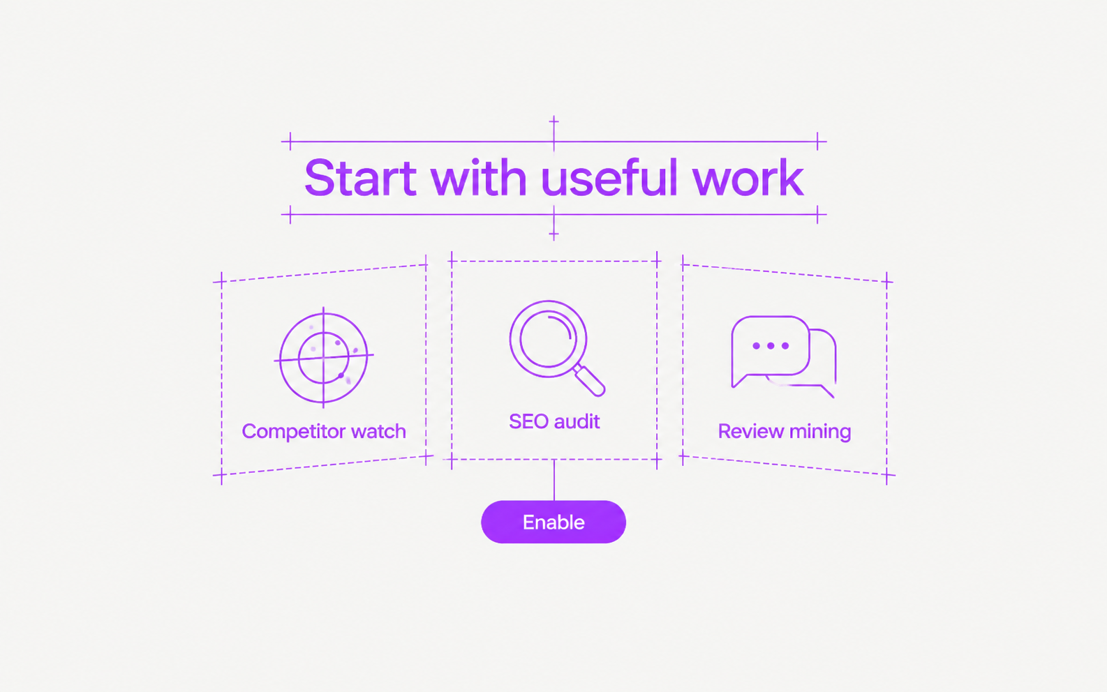 A use-case menu offers competitor watch, SEO audit, and review mining with an Enable control.