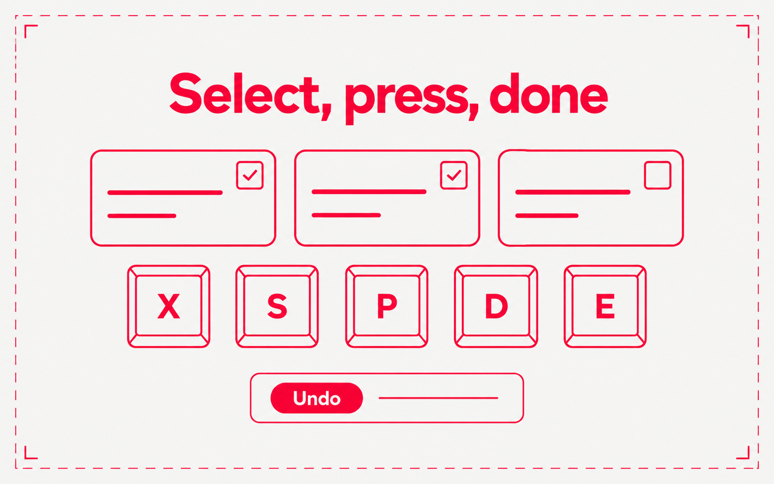 Three ticket cards, two of them selected, above keycaps X, S, P, D, and E. A toast below the keys offers Undo.