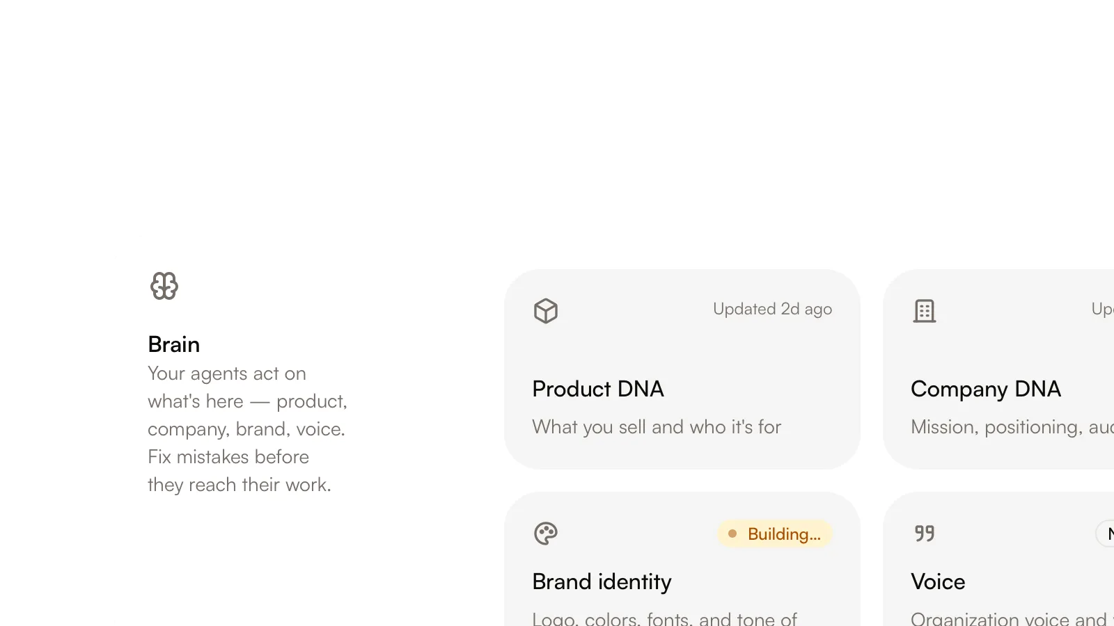 The Brain hub with Product DNA, Company DNA, Brand identity, and Voice cards.