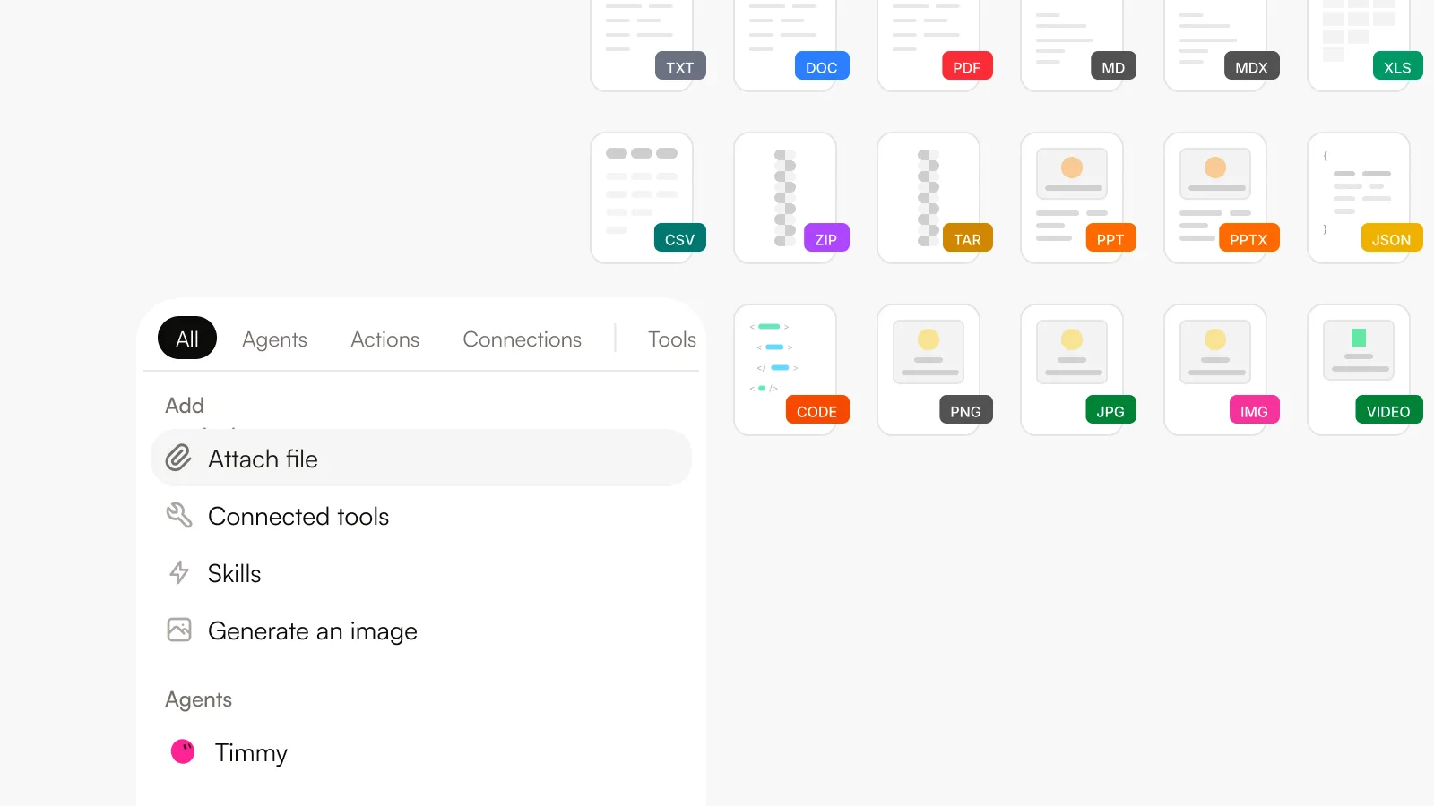 The chat add menu with Attach file selected, beside cards for every supported file type.