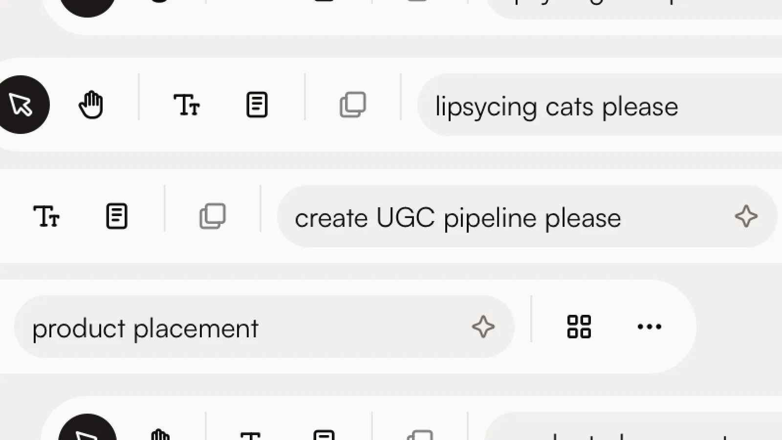 Canvas toolbars carrying plain-language requests such as create UGC pipeline please.