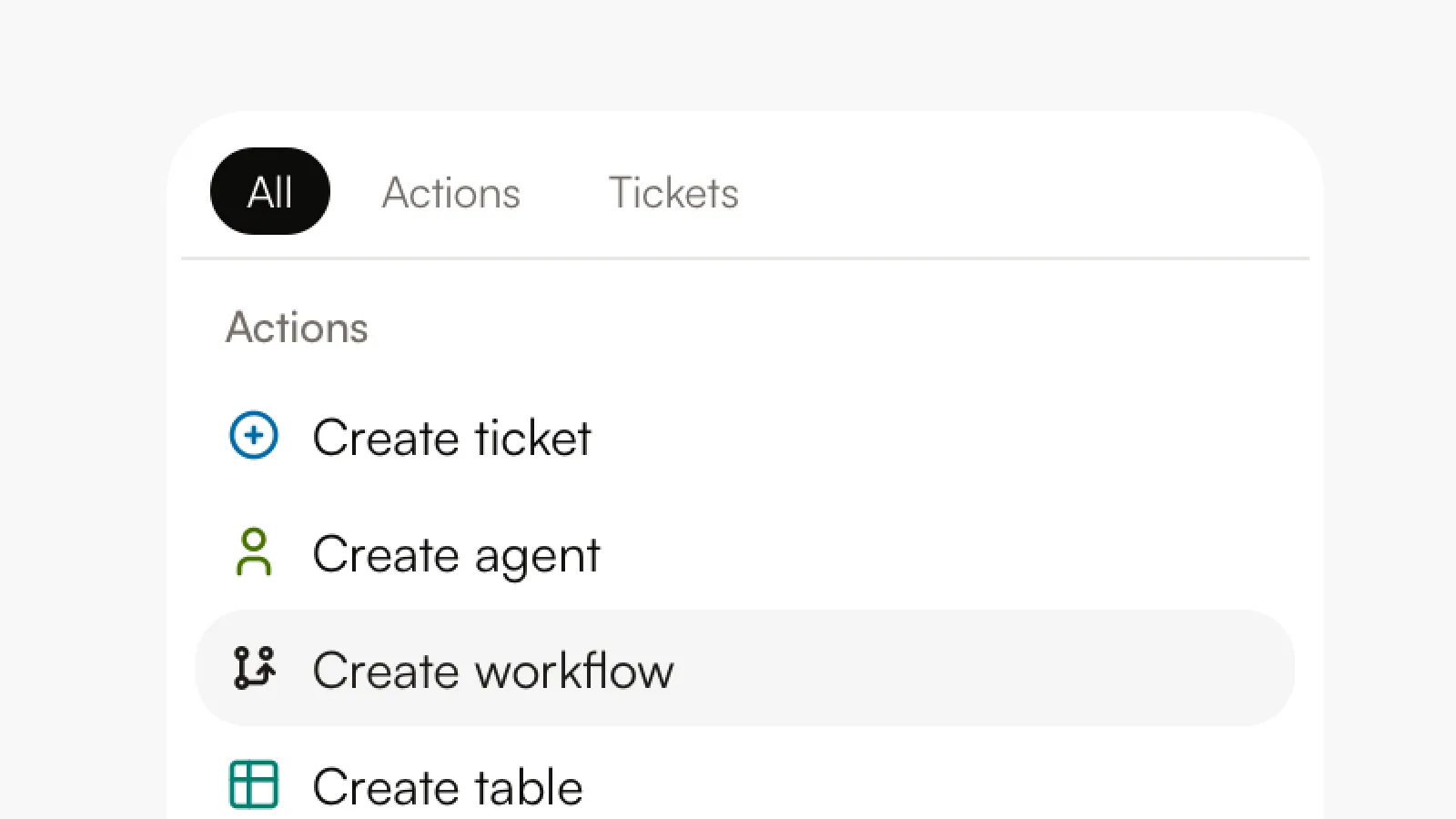 The create menu with Create workflow selected next to ticket, agent, and table.
