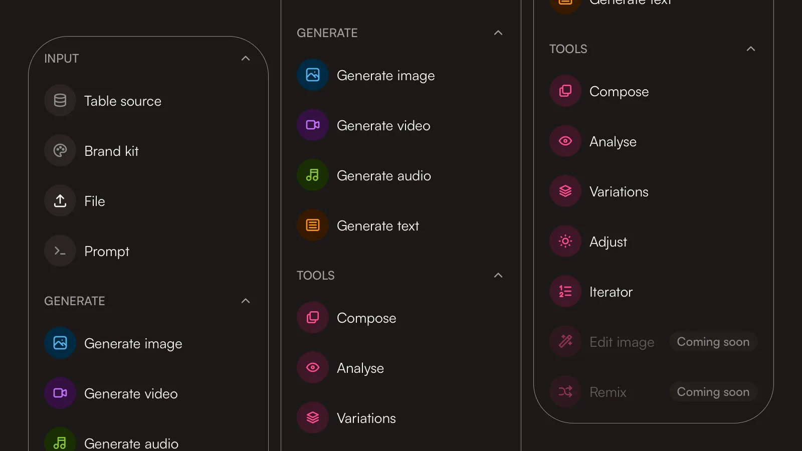 The canvas node palette, grouped into Input, Generate, and Tools.