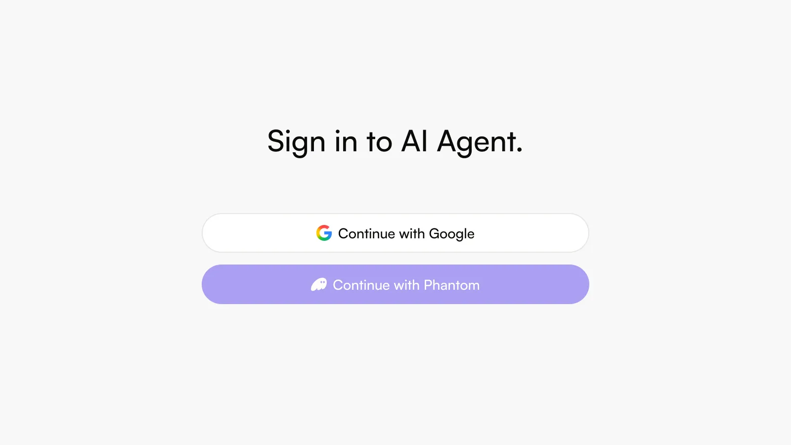 The AI Agent sign-in screen offering Continue with Google above Continue with Phantom.