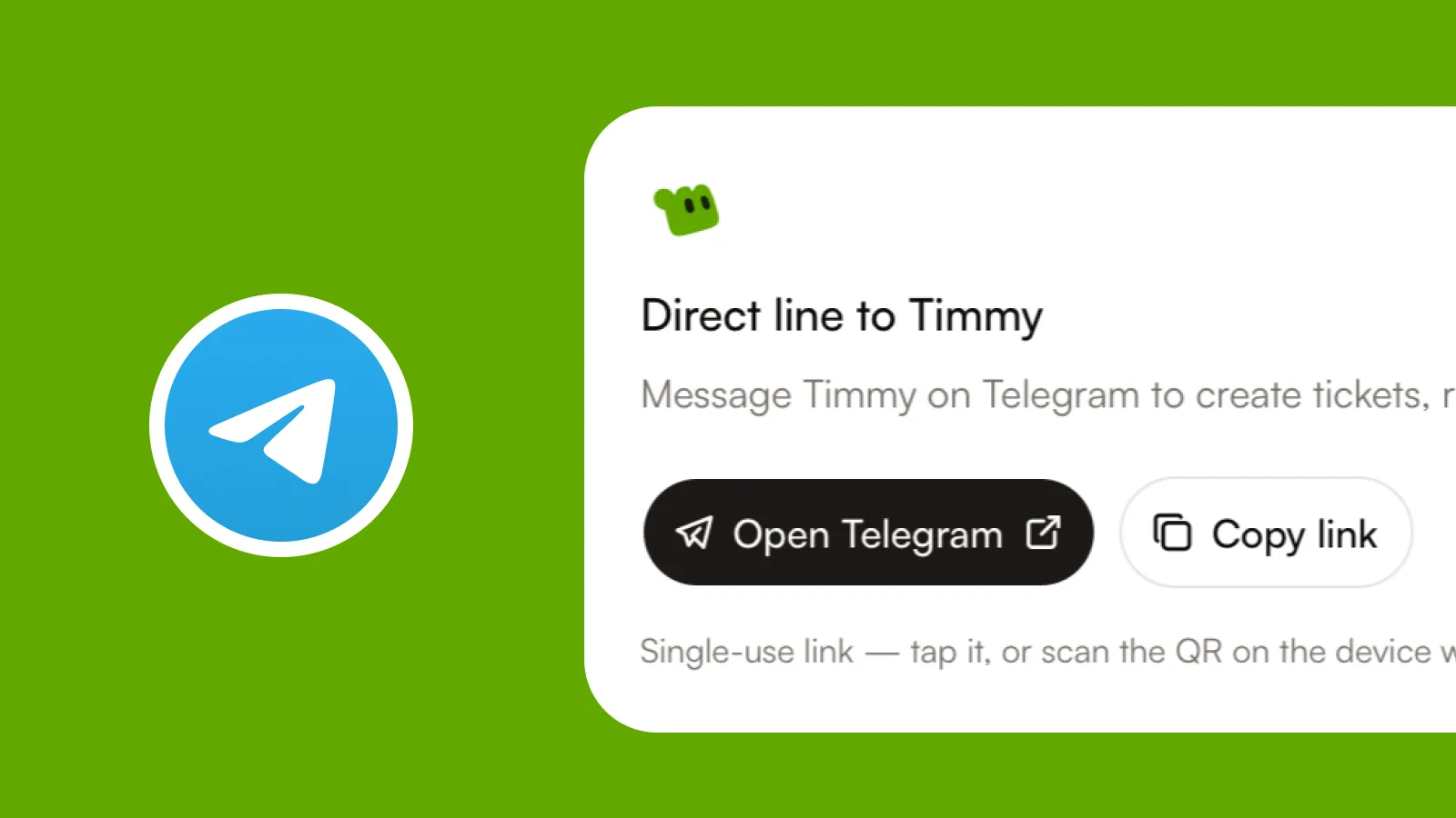 The Telegram connect card with a single-use link to message an agent directly.