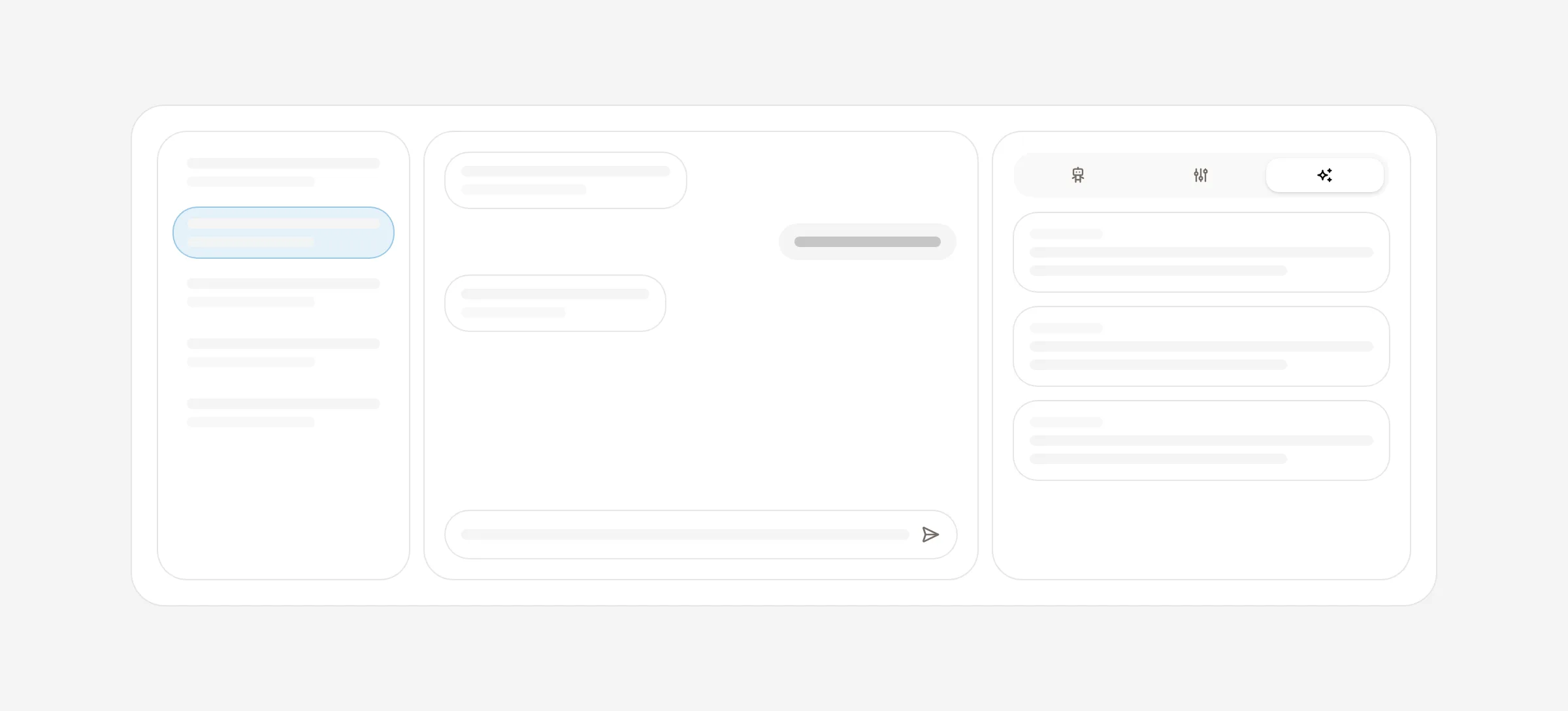 The agent console in three panes: conversation history, live chat, and an editable inspector.