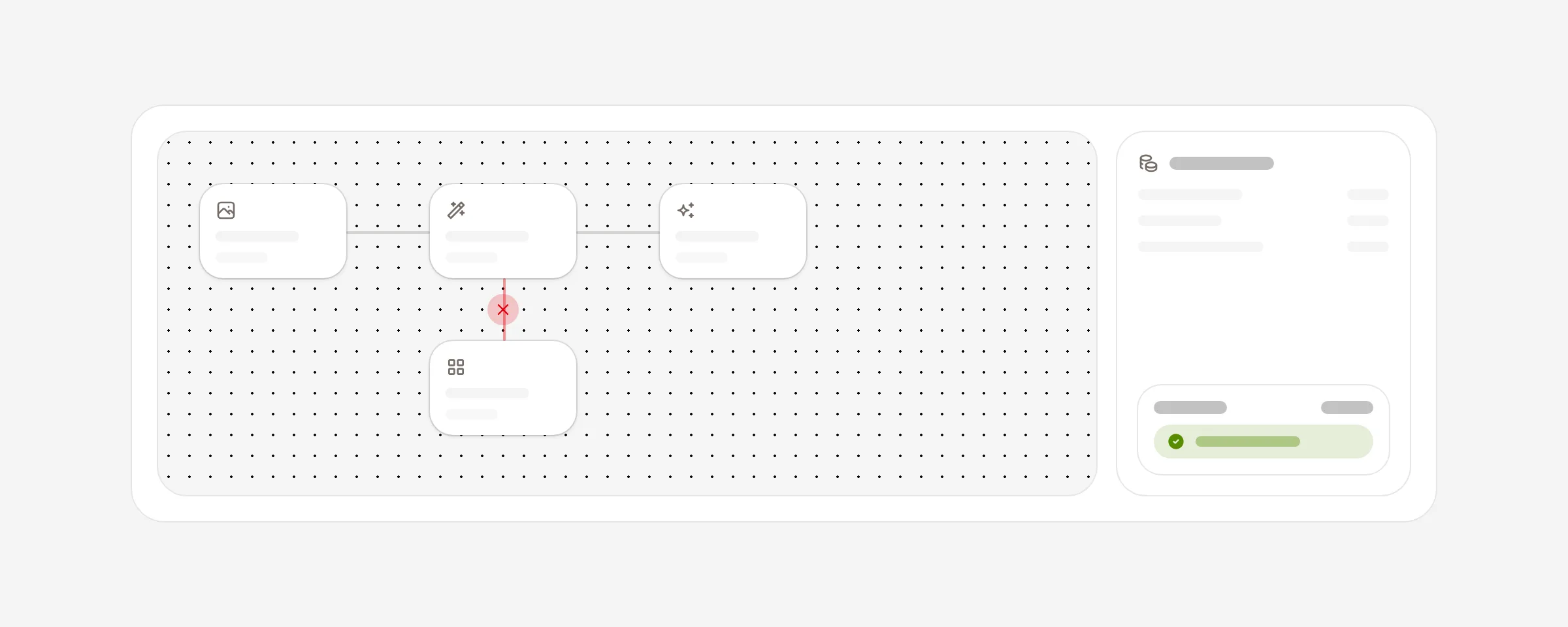 A creative canvas with a connection marked for deletion, beside a batch quote that matches the charge.