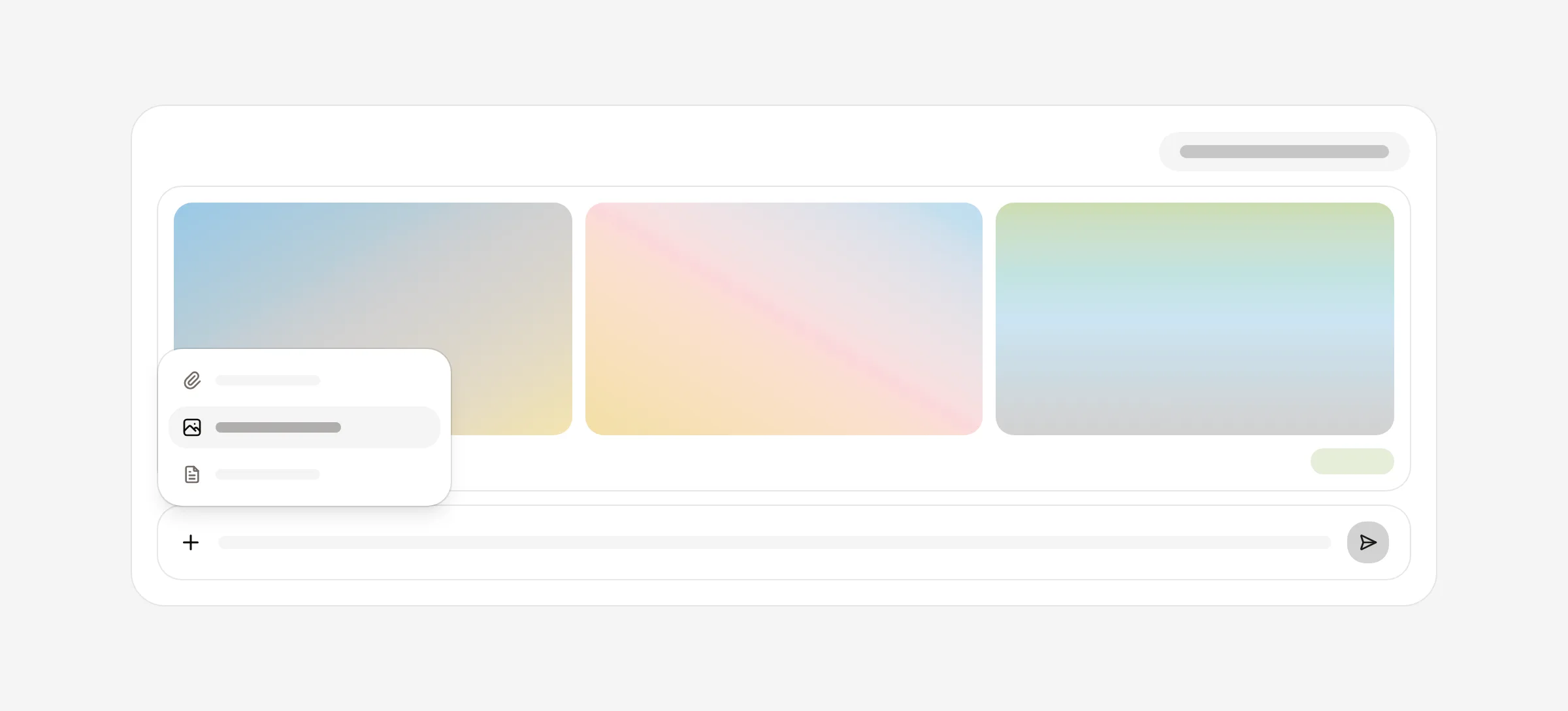 A chat thread showing three generated images, with the plus menu open on the image option.