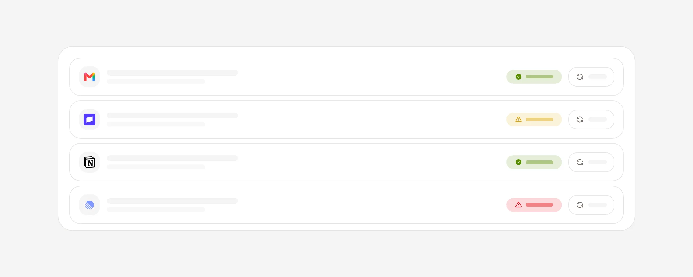 A connections list with healthy, expired and revoked states, and a Test button on every row.