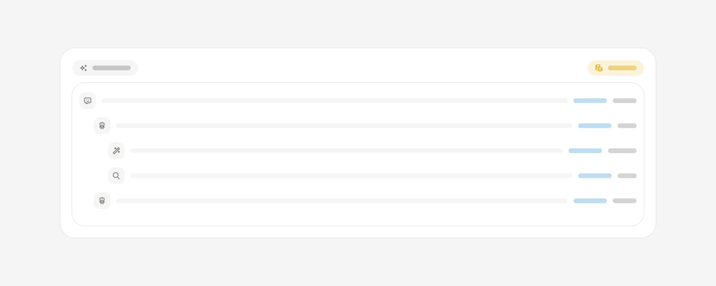 A run trace with nested steps, each carrying its own metrics.