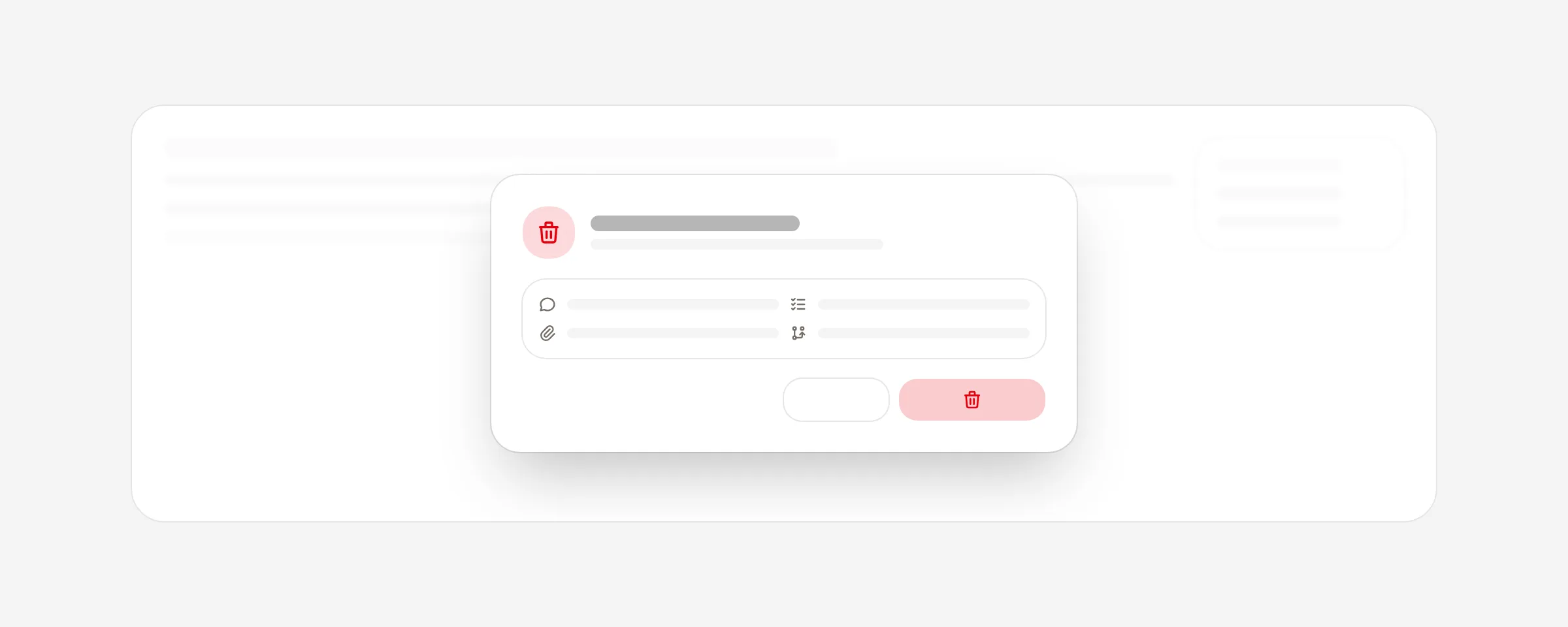 A delete confirmation dialog over a ticket, listing the comments, subtasks, attachments and links it removes.