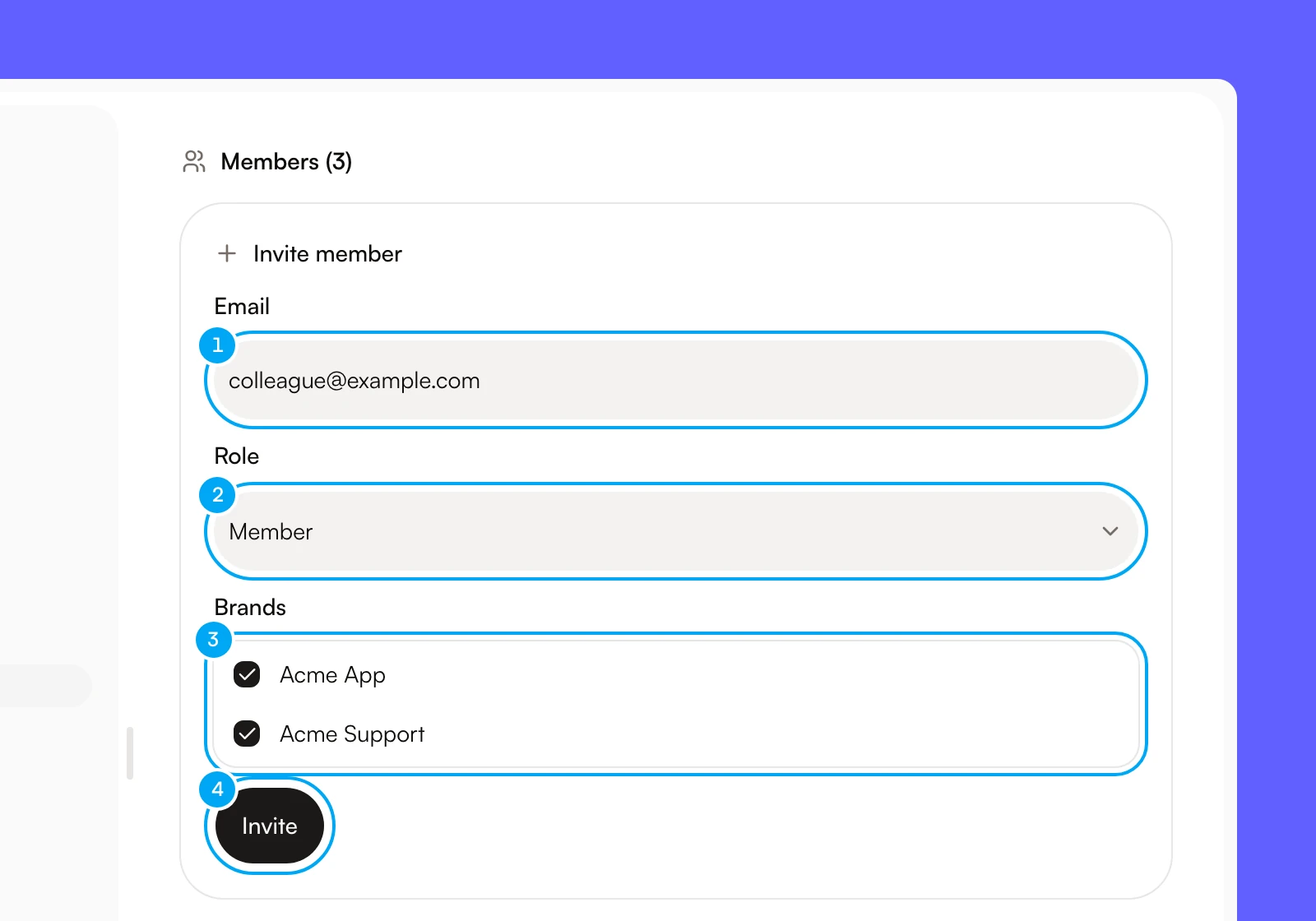 The Invite member card in Settings with Email, Role, Brands and the Invite button.