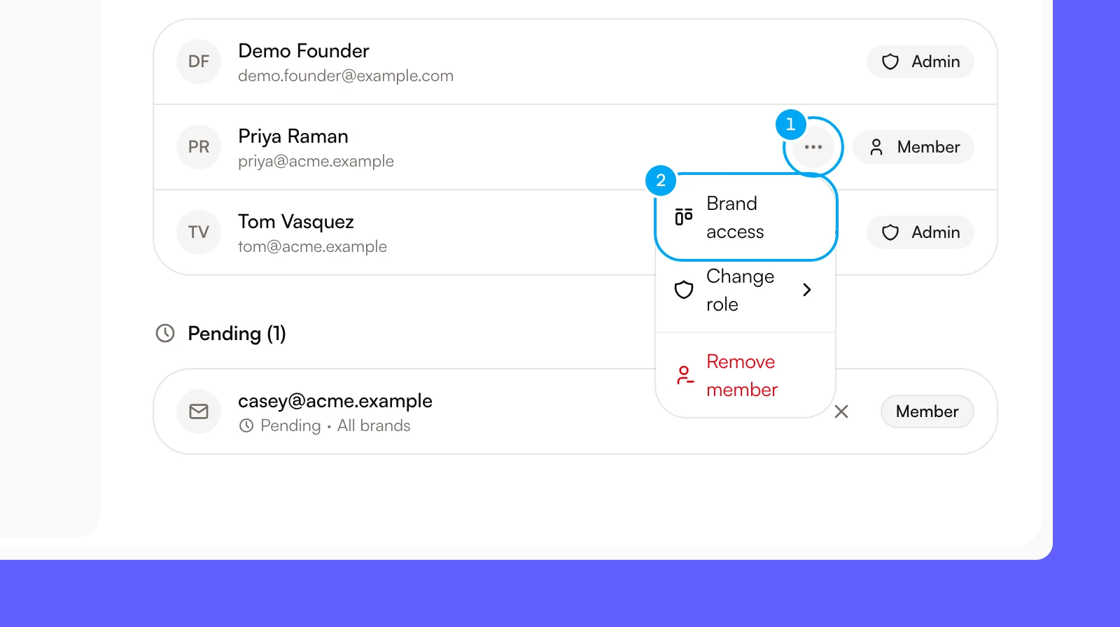 The menu on a member row with Brand access, Change role and Remove member.