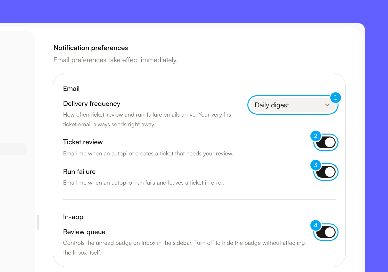 The Notifications tab with Delivery frequency, Ticket review, Run failure and Review queue.