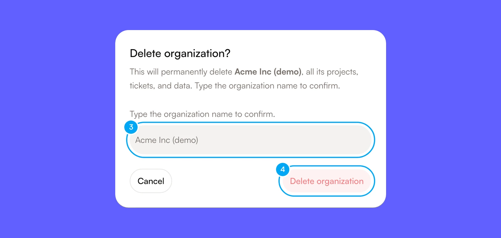 The Delete organization dialog with the name field and the Delete organization button.
