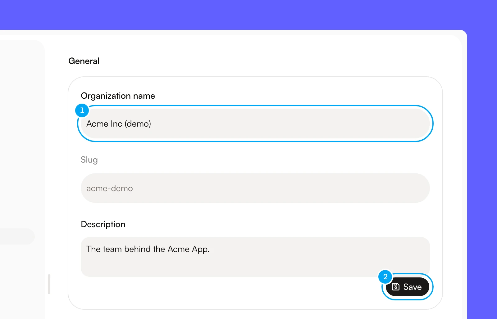 The General tab with Organization name, Description and the Save button.