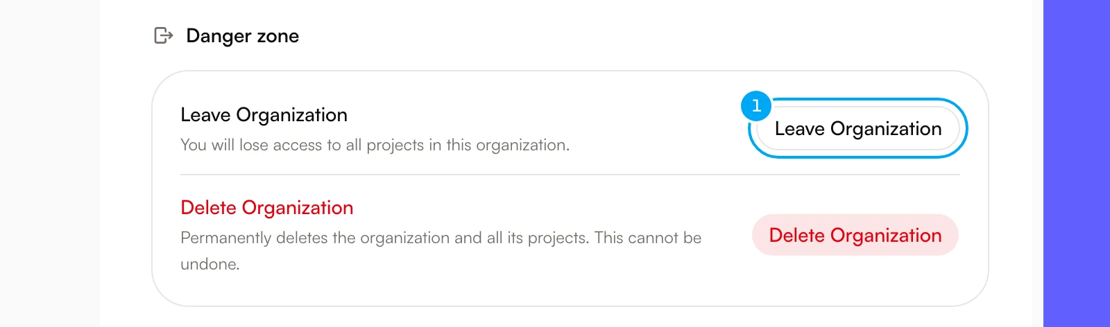 The Danger zone section on the General tab, with the Leave Organization and Delete Organization buttons.