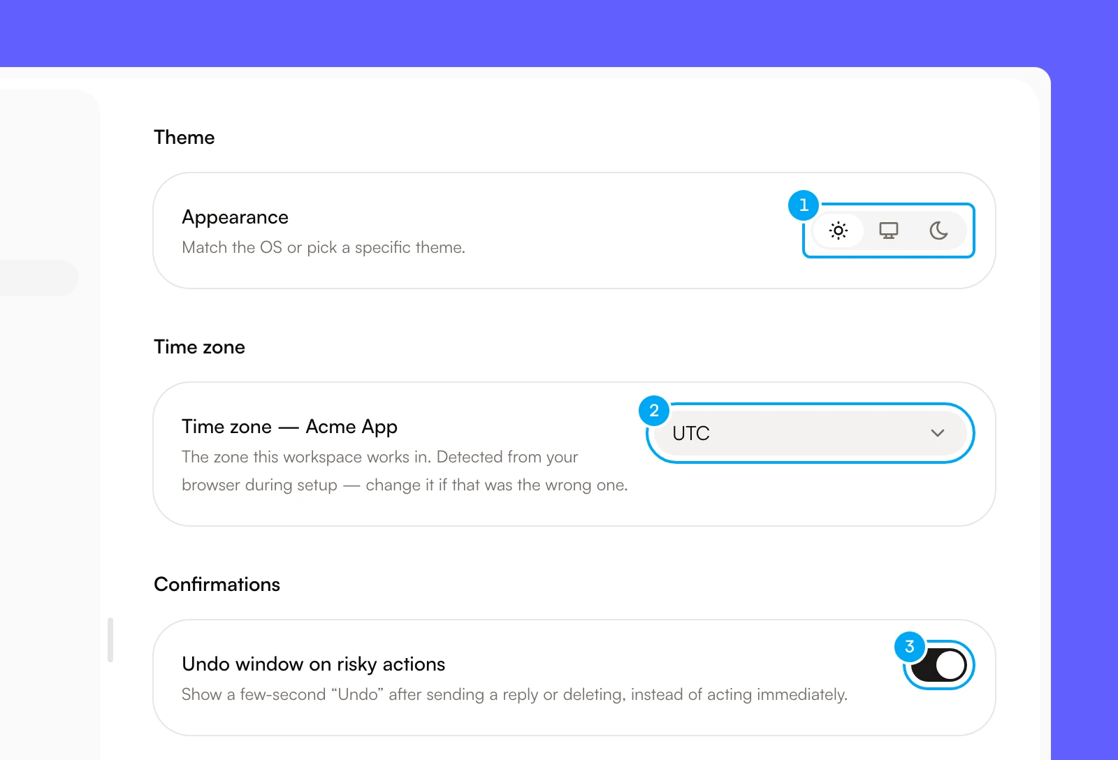 The Preferences tab with Appearance, Time zone and the Undo window switch.