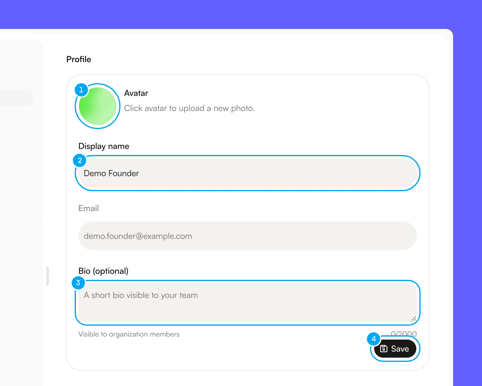The Profile tab with the avatar, Display name, Bio and the Save button.