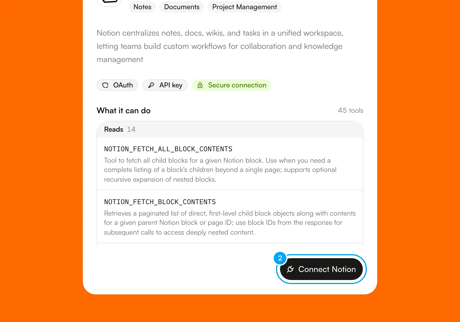 The Notion detail dialog with the Connect Notion button.