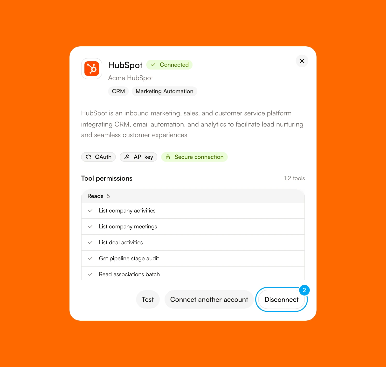 The HubSpot detail dialog with the Disconnect button.