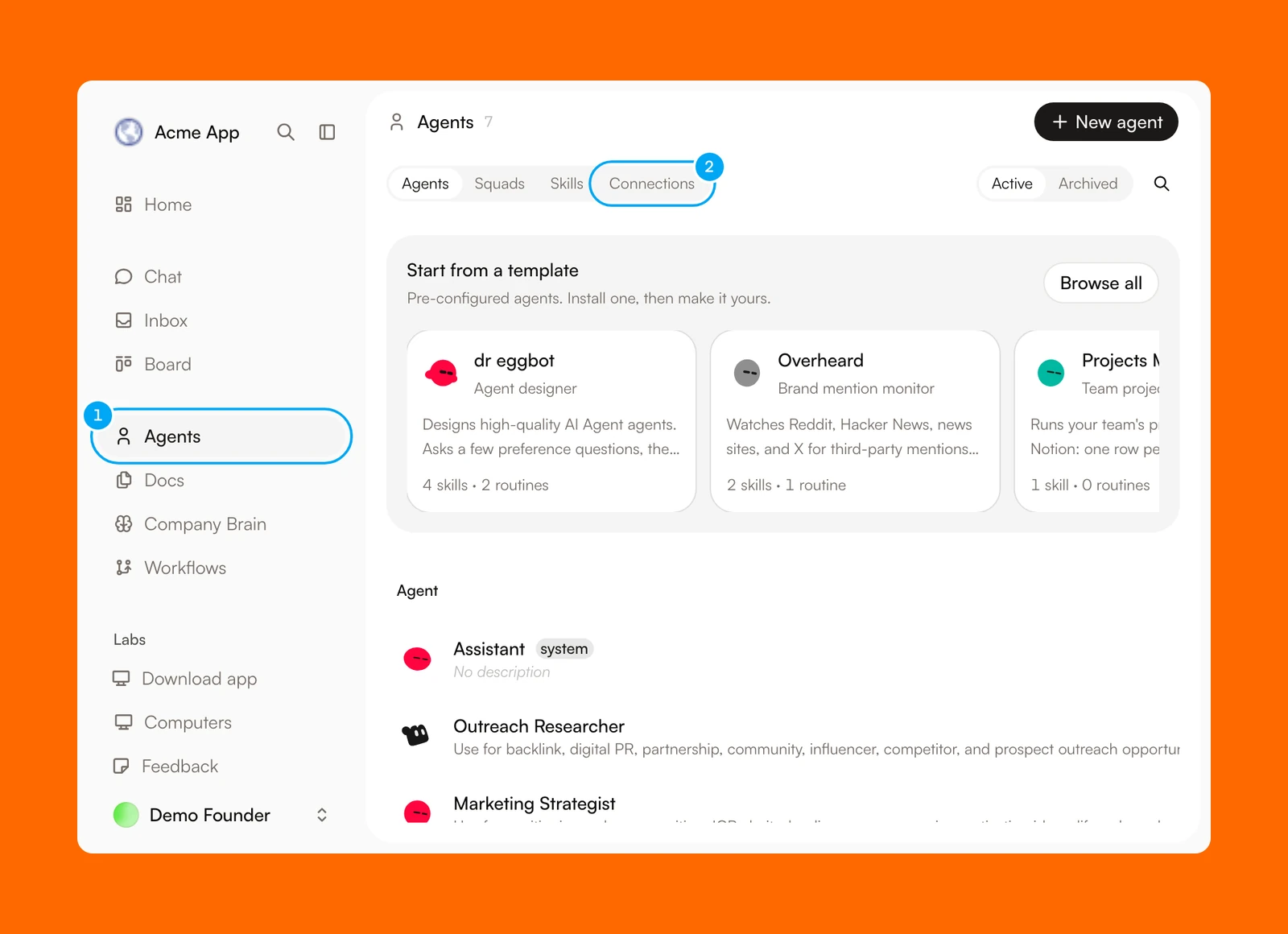 The Agents item in the sidebar and the Connections tab at the top of the Agents page.