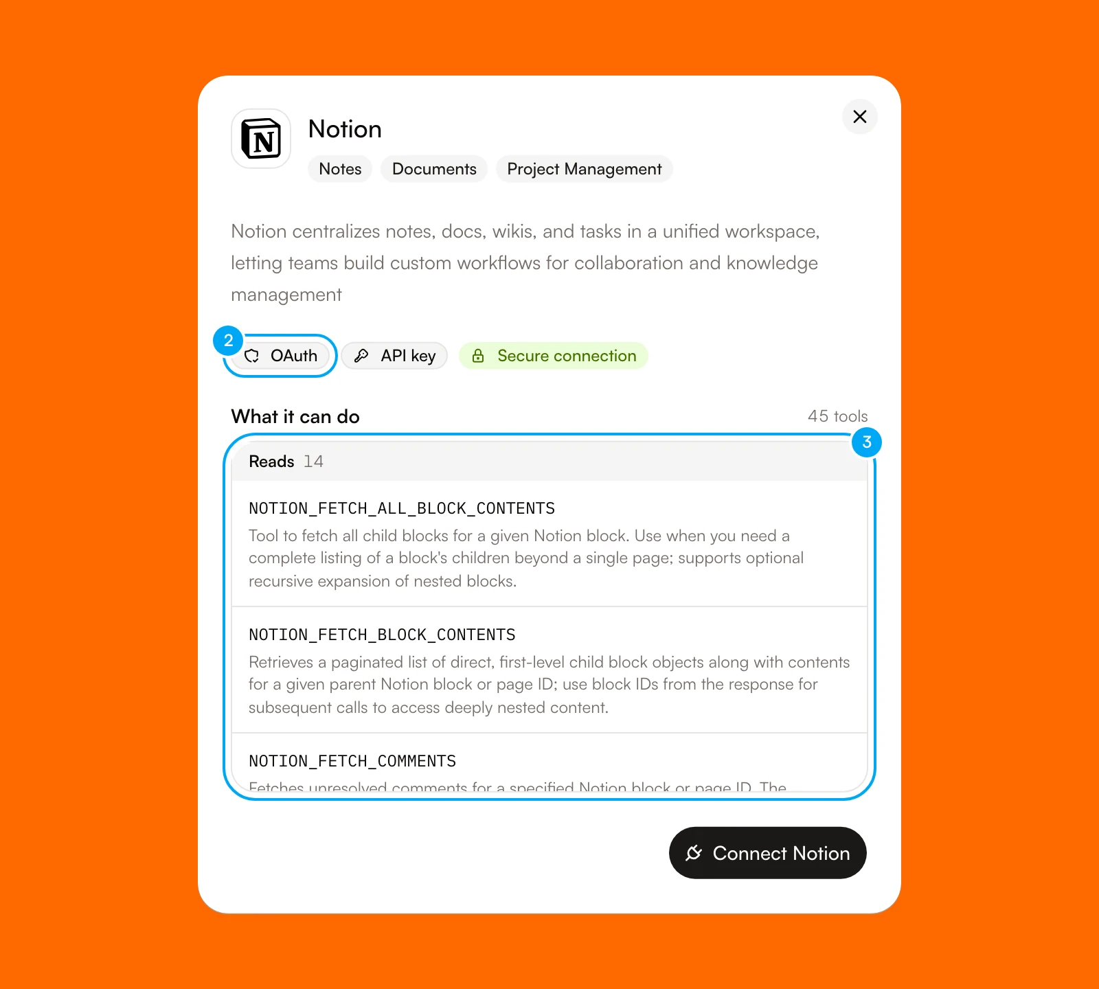 The Notion detail dialog with its connection method and the list of tools it offers.