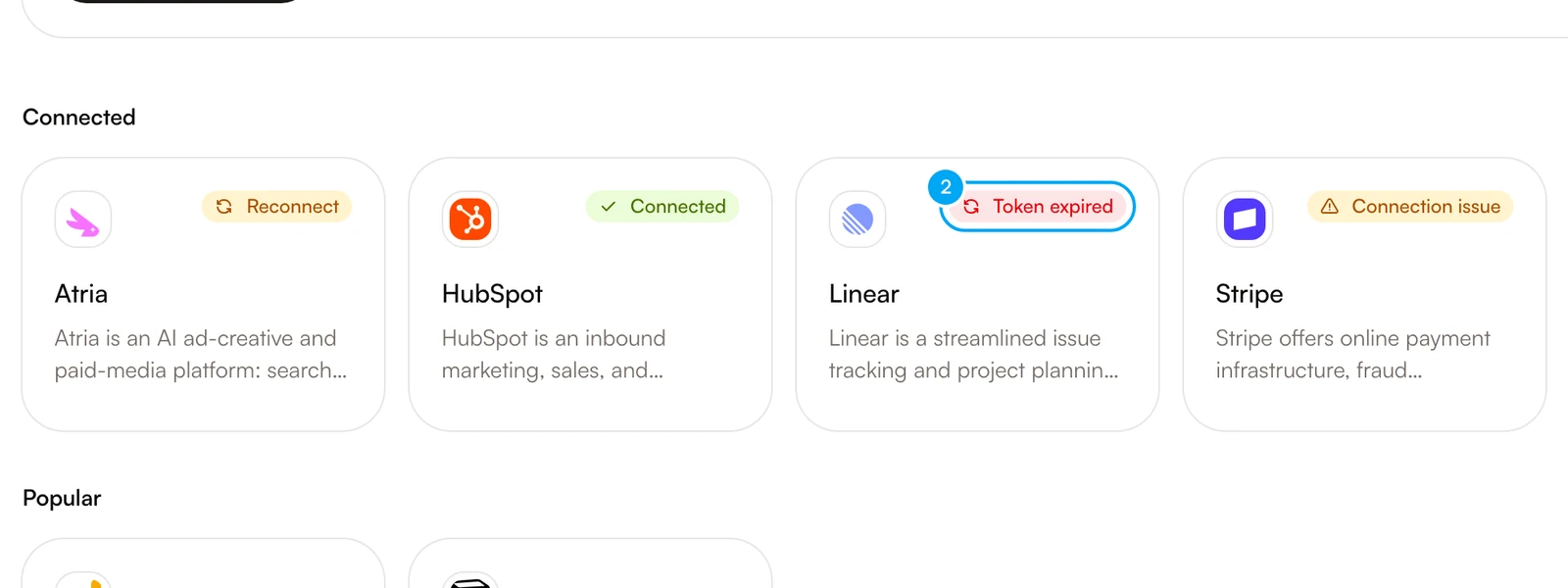 The Connected section with a status badge on each card: Reconnect, Connected, Token expired and Connection issue.