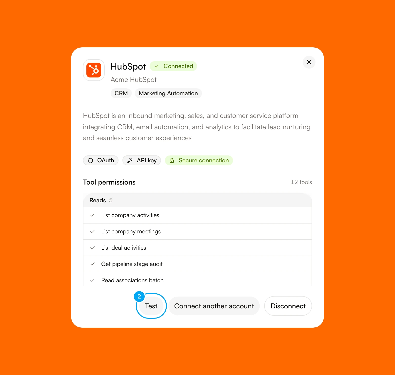 The HubSpot detail dialog with the Test button.