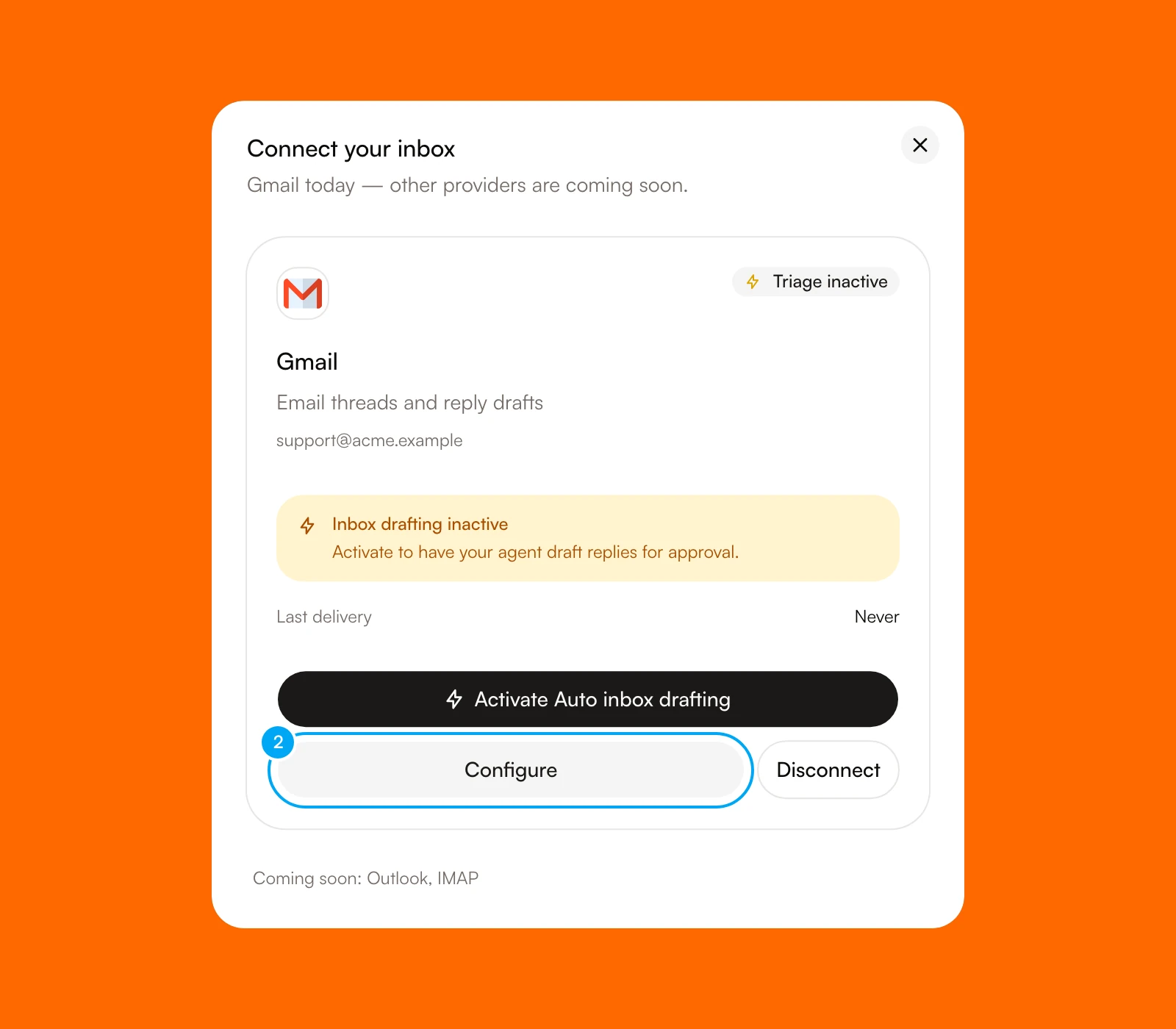 The Connect your inbox dialog for a connected Gmail account, with the Configure button.
