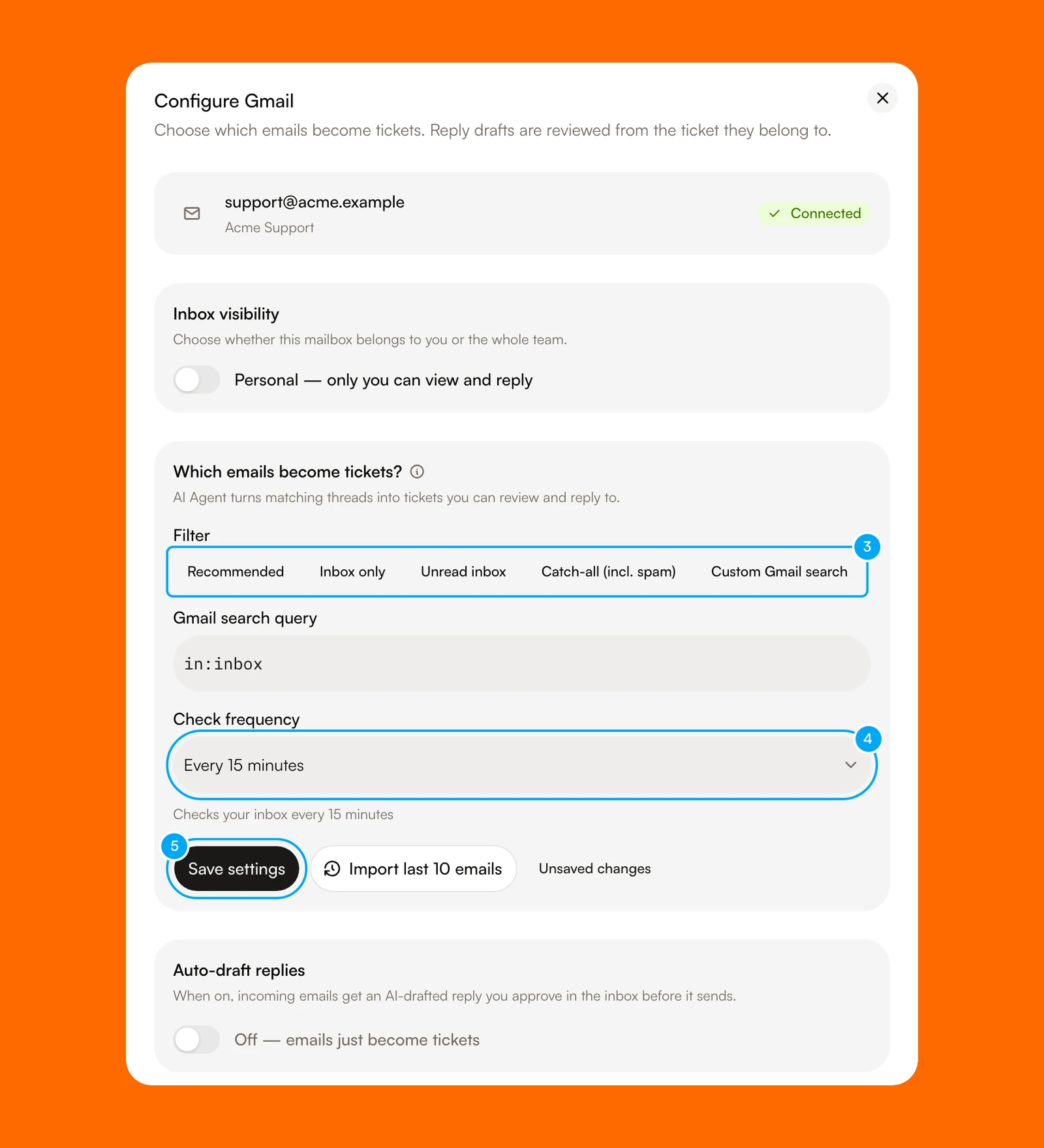 The Configure Gmail dialog with the Filter presets, Check frequency and Save settings.
