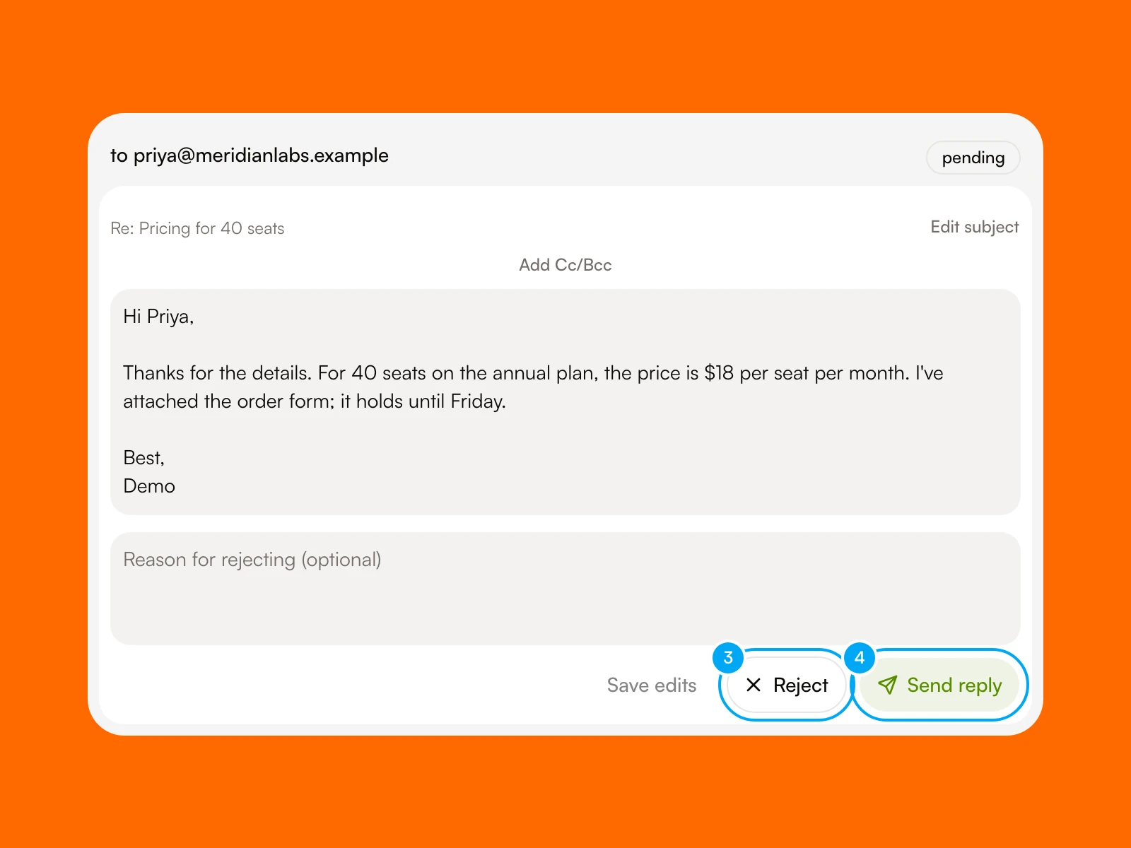 A Gmail reply draft in the Inbox with the Reject and Send reply buttons.
