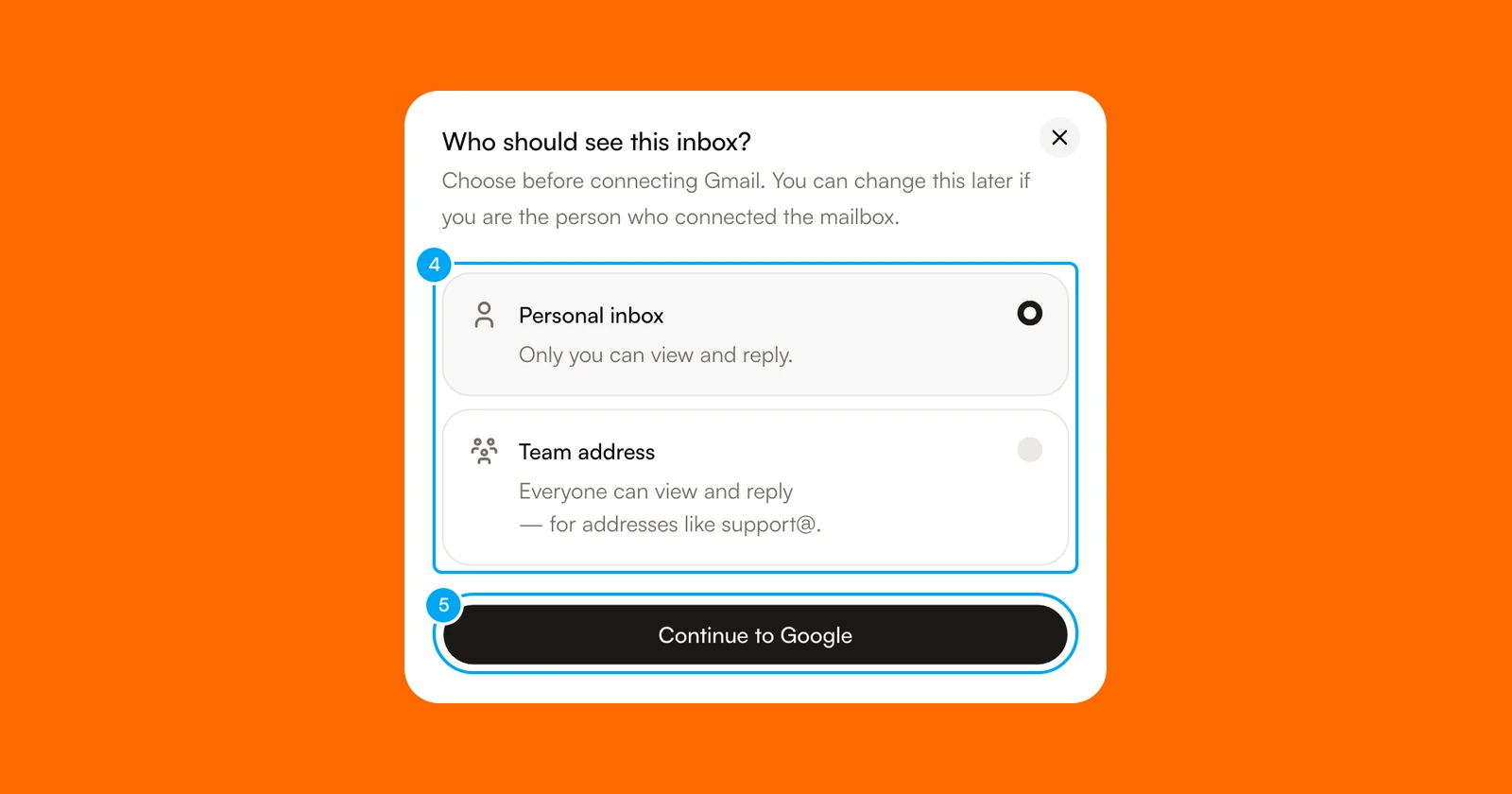 The Who should see this inbox? dialog with Personal inbox, Team address and Continue to Google.