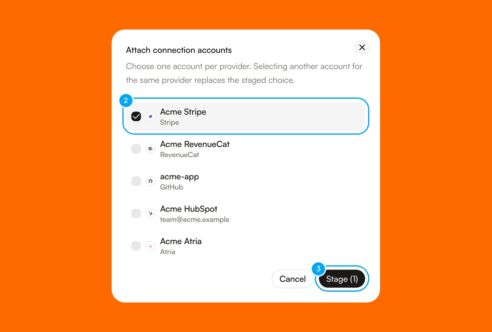The Attach connection accounts dialog with one account selected and the Stage button.
