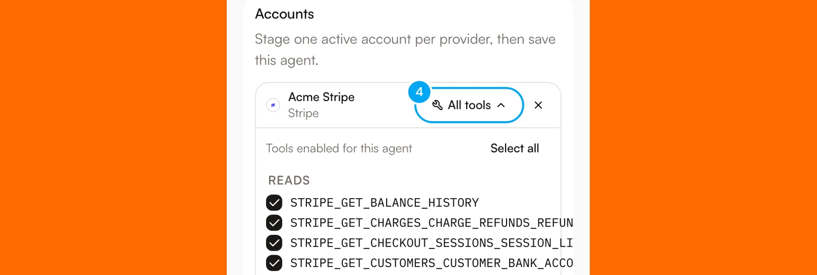 A staged Stripe account in the agent panel with its tool list open.