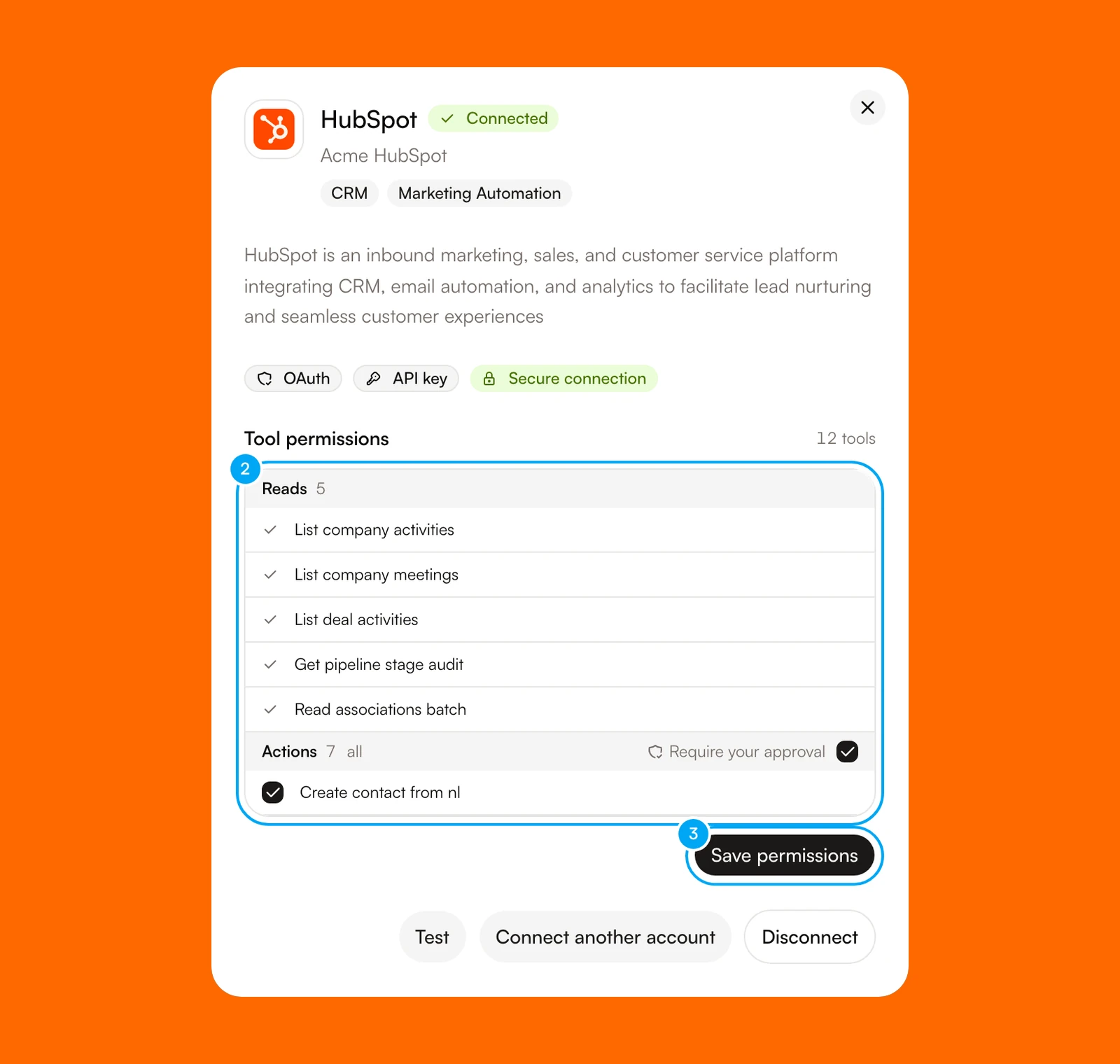 The HubSpot detail dialog with Tool permissions and the Save permissions button.