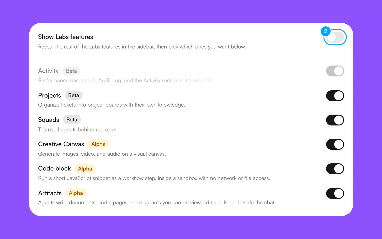 Settings, Labs, with the Show Labs features switch at the top of the Labs card.