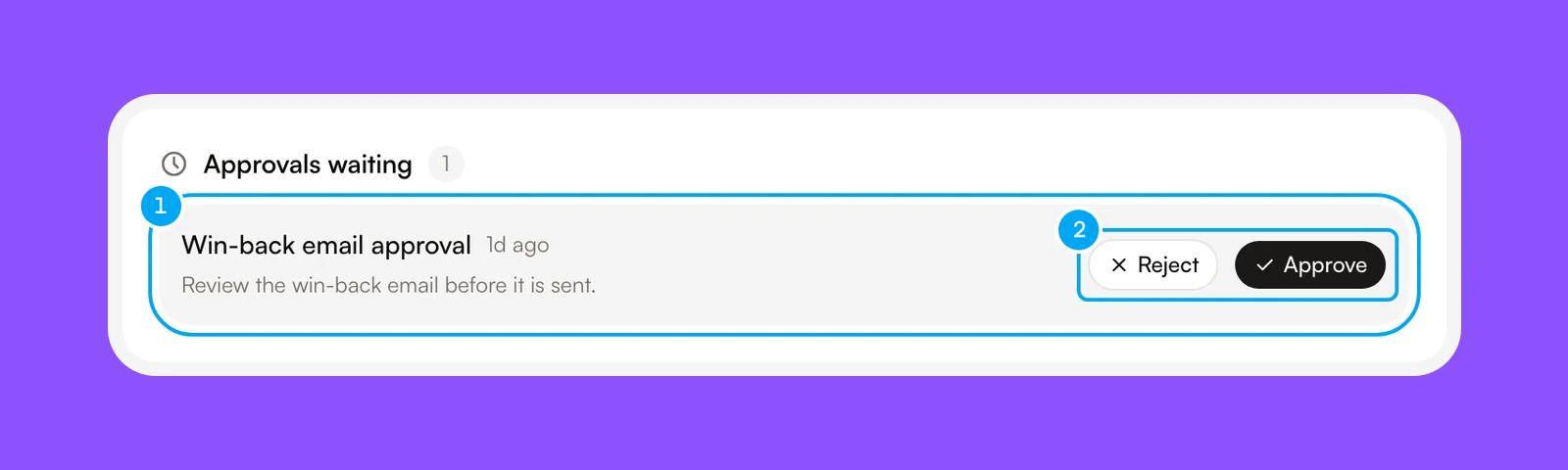 The Approvals waiting card on the Workflows page with one waiting step and its Reject and Approve buttons.