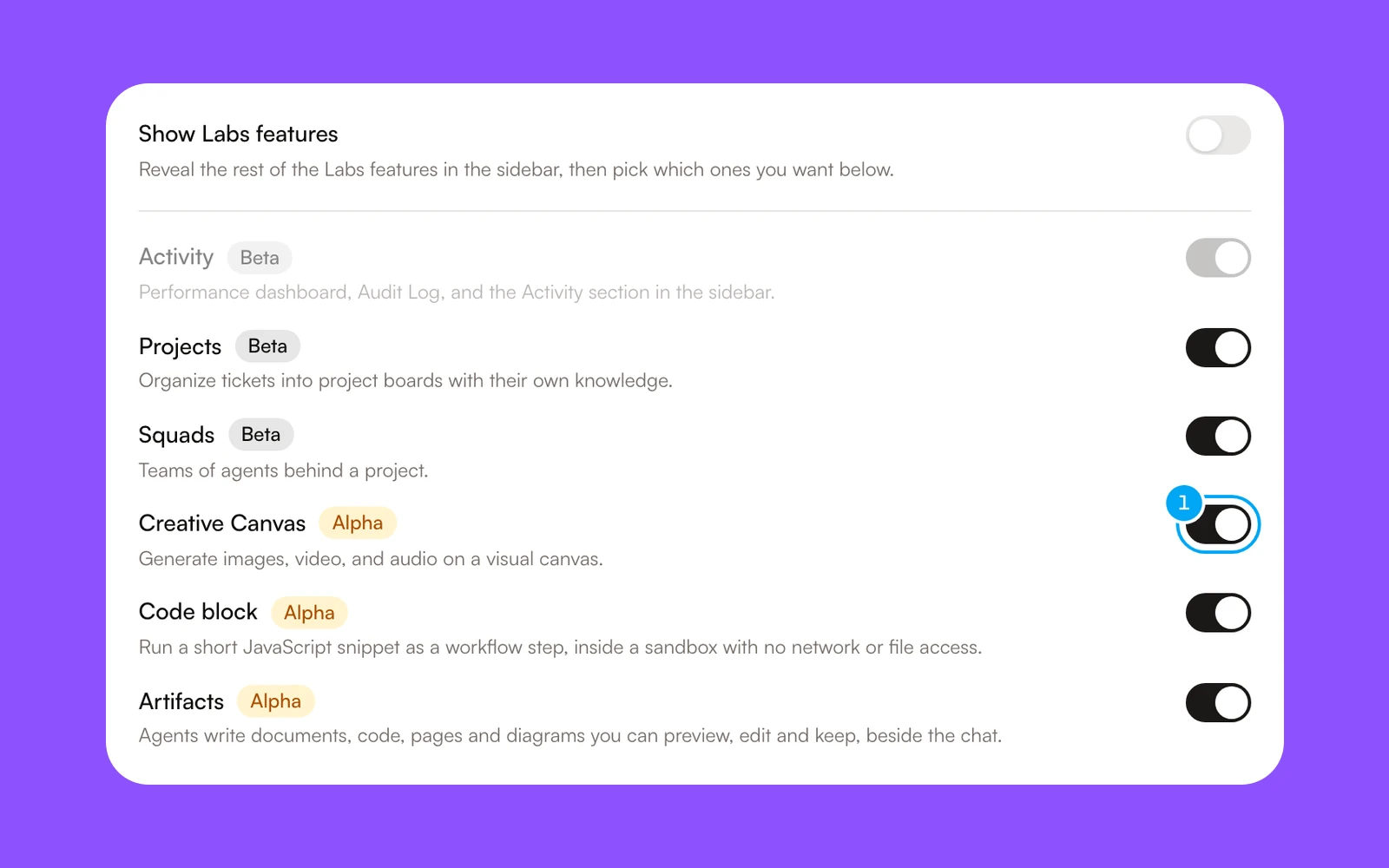 Settings, Labs, with the Creative Canvas switch.