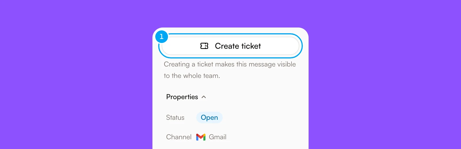 A Gmail message open in the Inbox, with the Create ticket button at the top of the side panel.