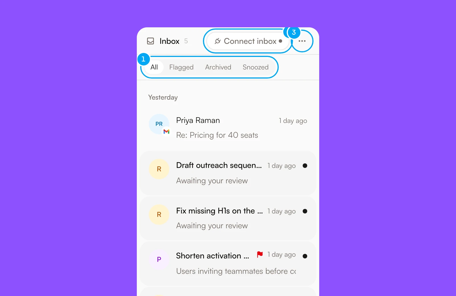 The Inbox list with the All, Flagged, Archived and Snoozed tabs, the Connect inbox button and the Inbox options menu.