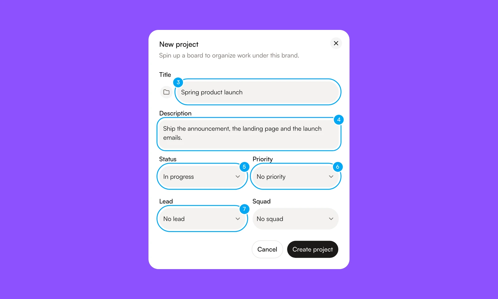 The New project dialog with Title, Description, Status, Priority and Lead numbered 3 to 7 to match the steps.