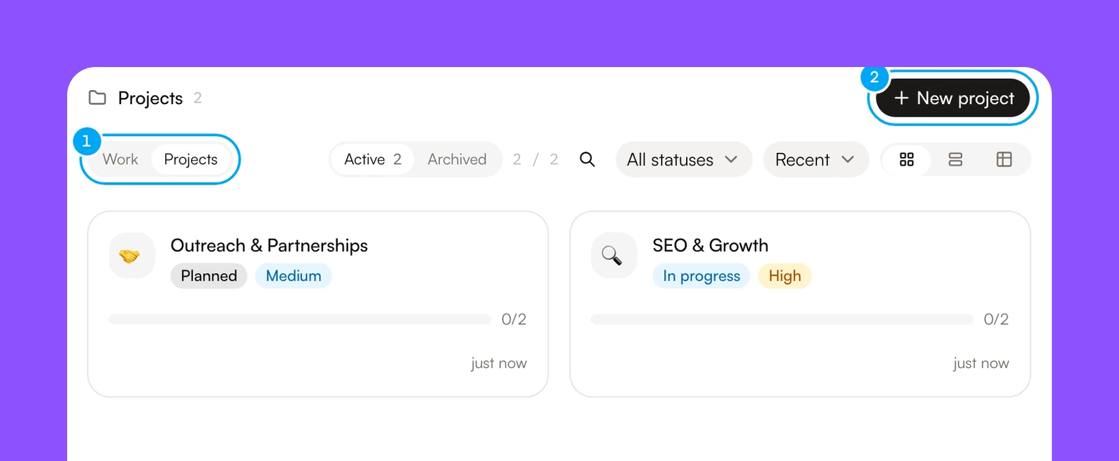 The Projects tab of the Board with the New project button, above a list of two projects.