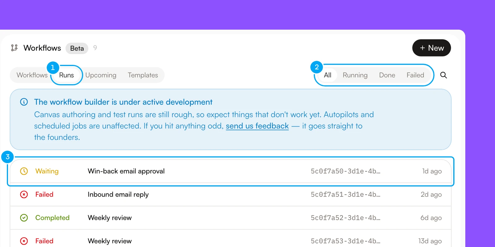 The Runs tab of Workflows, with the status filters and a waiting run.