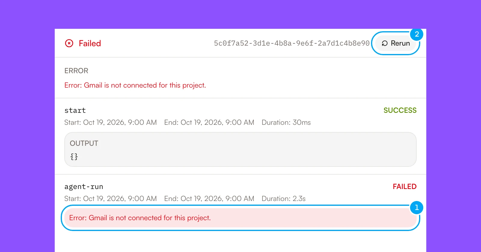 A failed run with the error on its failed step and the Rerun button in the header.